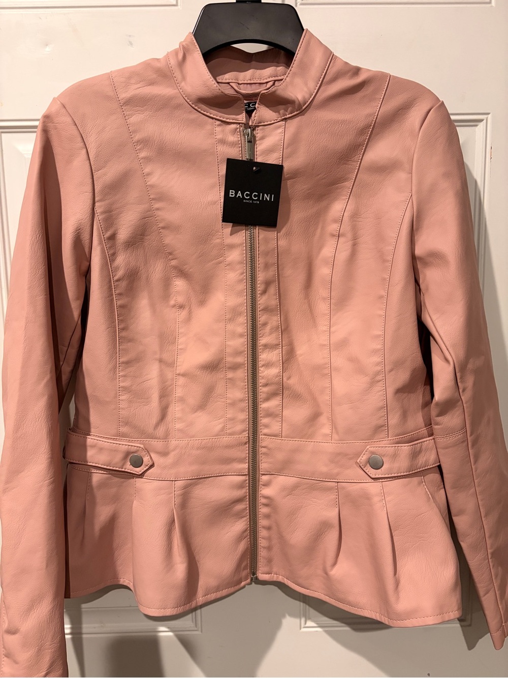 Baccini Soft Blush Pink Faux Leather Peplum Jacket.